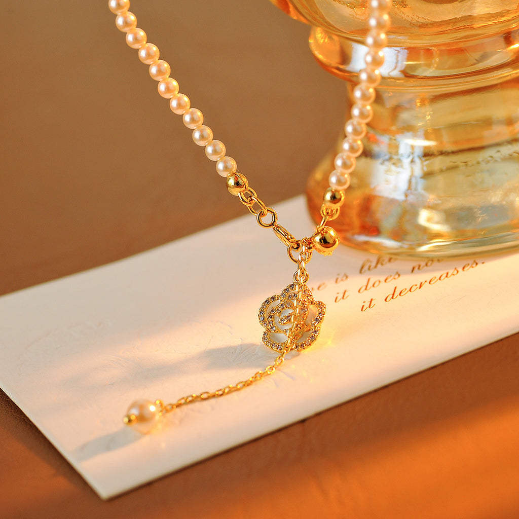 French Style Pearl Necklace for Women, Niche Design with Camellia Tassel Pendant, Clavicle Chain, Light Luxury Fashion