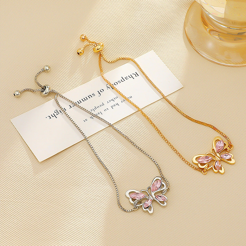 Hot Selling European and American Crystal Butterfly Bracelet for Women Simple Fashion Jewelry Pink Crystal Hollow Butterfly Bracelet