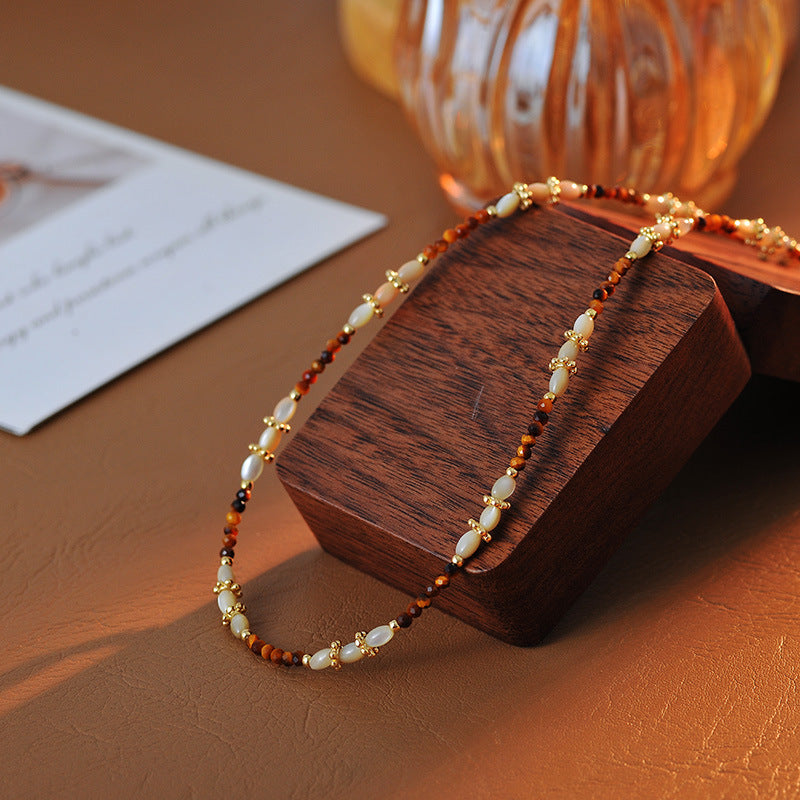 Milad Style Natural Stone Beaded Compass Pendant Layered Necklace for Women, Light Luxury Retro Versatile Choker Collarbone Chain