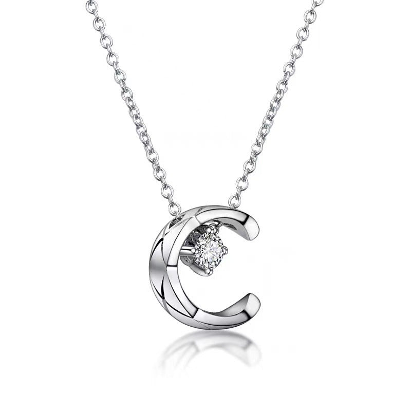 Chanel Style Ice Moon Necklace for Women with Inlaid Diamonds, Diamond Pattern Crescent Moon Collarbone Chain, Diamond-shaped Pendant Set Chain