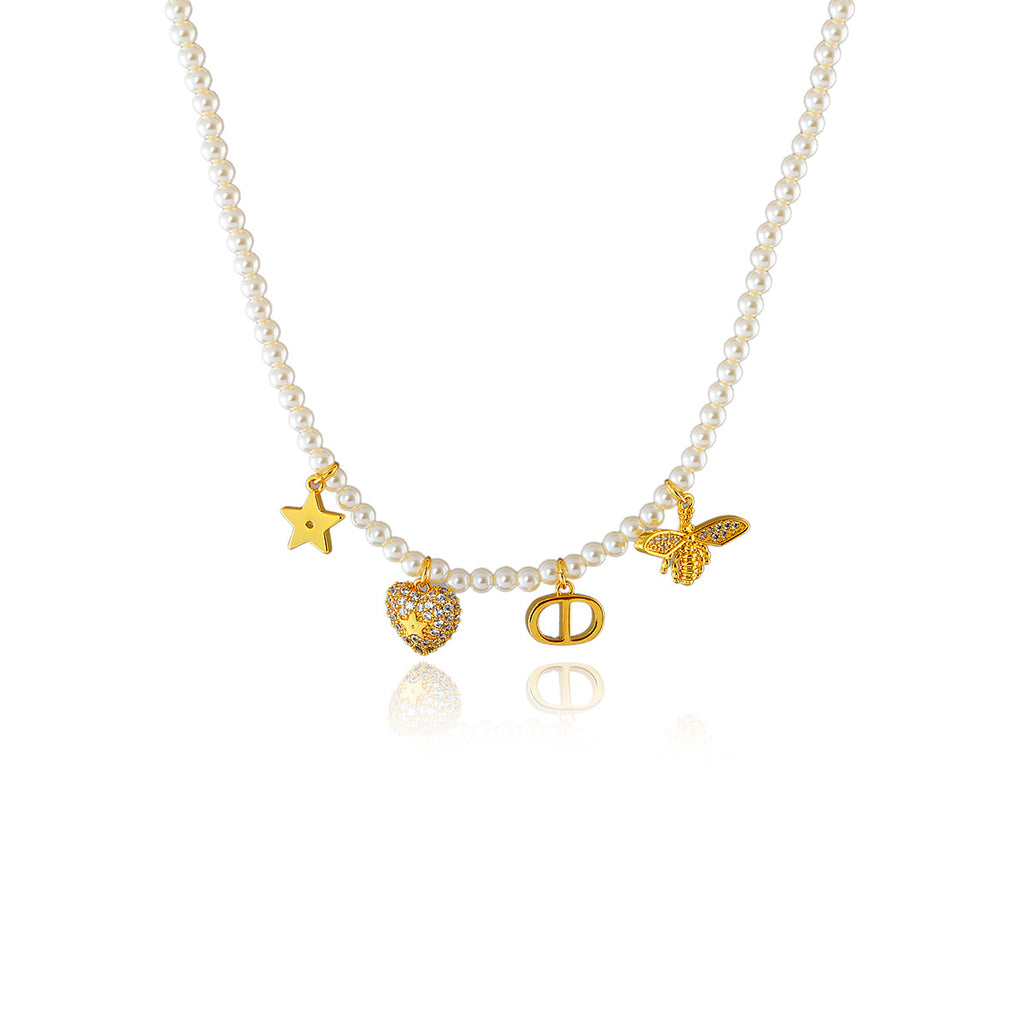 Bee Pig Nose Beaded Necklace Multi Pendant Little Bee Sparkling Diamond French Style Choker High-end Accessory