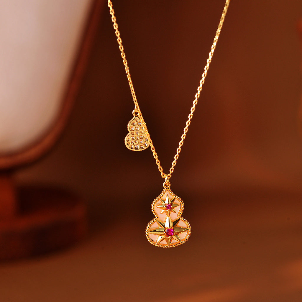 Gourd Necklace New Chinese Style Exquisite Ancient Method Red Gemstone Starlight White Shell Gourd Necklace