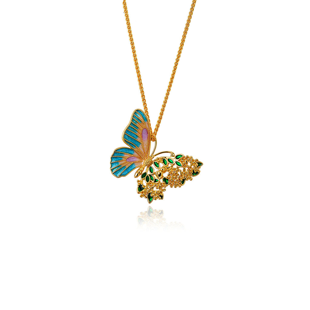 Real Gold Plated Light Luxury Osmanthus Half-Sided Butterfly Pendant New Chinese Style Dreamy Blossom Butterfly Necklace