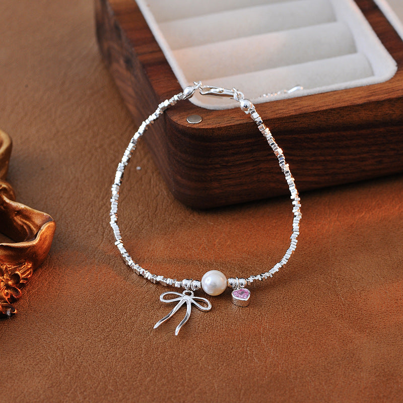 New Bowknot Pearl Pink Zircon Bracelet Necklace for Women Simple Handmade Design Silver Fragment Jewelry Collarbone Chain