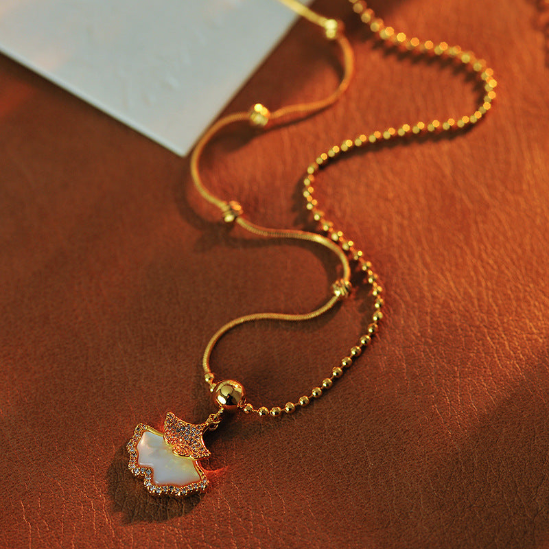 Ginkgo Leaf Natural Shell Zircon Necklace High-end Design Exquisite Collarbone Chain Light Luxury Elegant Versatile Sweater Chain