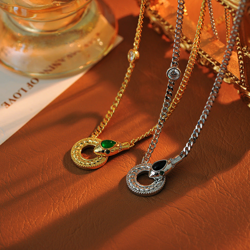 Cuban High-End Metallic Silver Gemstone Braided Sweater Necklace High-End Light Luxury Niche Snake Head Collarbone Chain