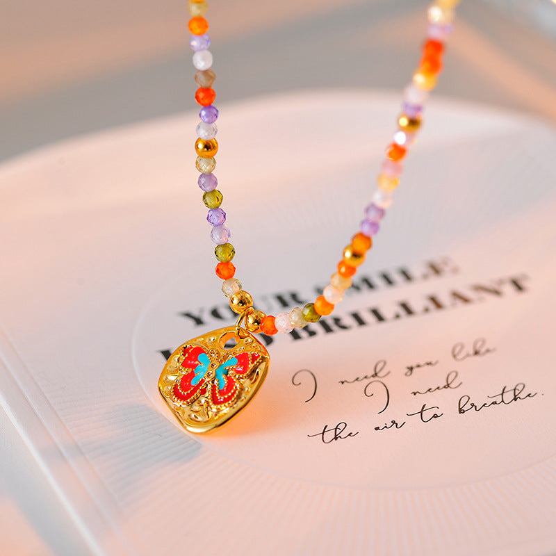 New Fashion Simple Colorful Beaded Butterfly Necklace for Women High-end Versatile Rainbow Collarbone Chain