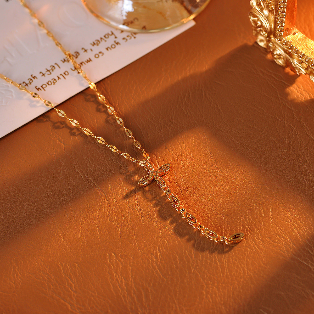 Necklace Real Gold Plated Gold Tassel Full Diamond Women's High-end Cross Pendant Clavicle Chain