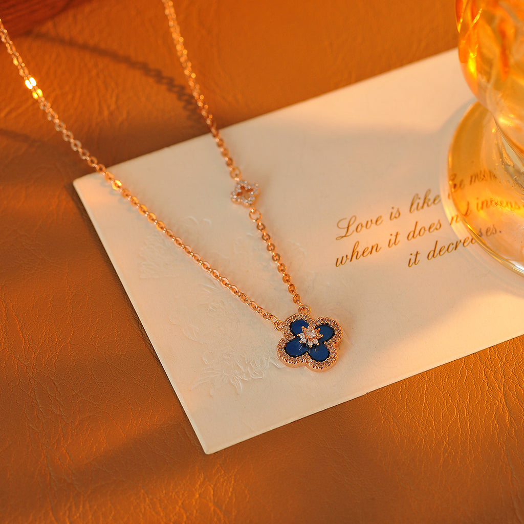 Korean Style Full Diamond Lucky Four-Leaf Flower Necklace for Women, Light Luxury High-End Niche Collarbone Chain Accessory Choker