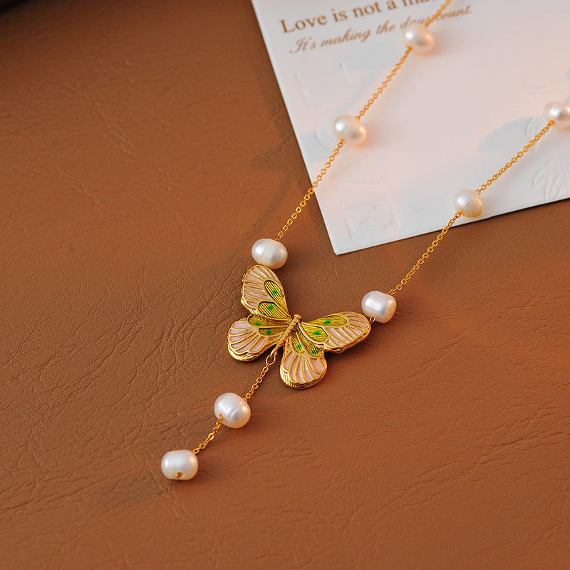 Falan Color Super Fairy Niche Design Simple Forest Style Butterfly Exquisite Baroque Pearl Simple Necklace