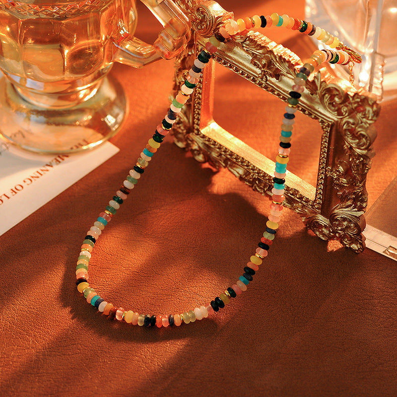 Secret Garden Rainbow Natural Beaded Stone Necklace for Women New Colorful Dopamine Light Luxury Niche Choker