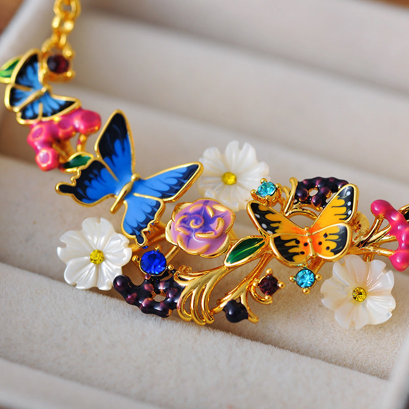European and American Hand-painted Glaze Color Pastoral Style Brilliant Romantic Butterfly Flower Blossom Niche Necklace for Women