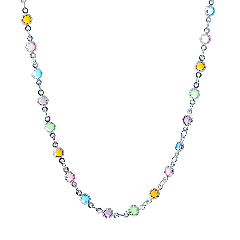 Real Gold Plated Micro Inlaid Zircon Colorful Zircon Elegant Collarbone Chain Women Fashion Design Sense European and American Style Rainbow Necklace
