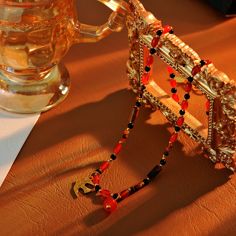 Wu Xin Same Style Red Agate Fire Bird Beaded Necklace for Women Clavicle Chain Dopamine French Retro Niche Design