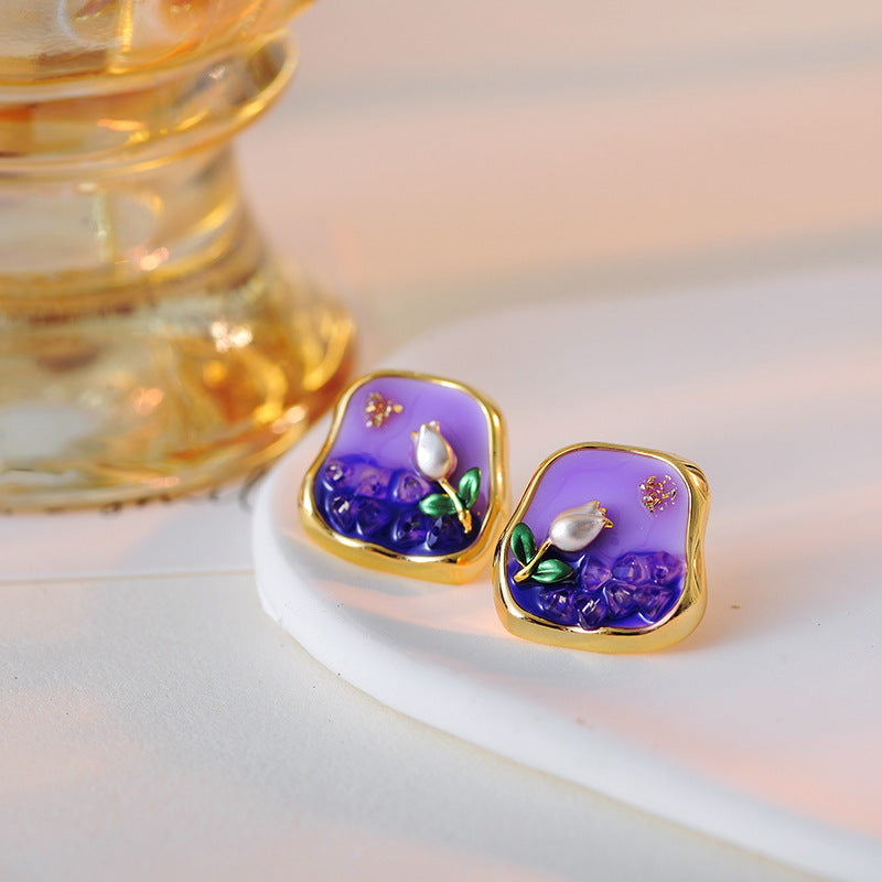 New Chinese Style Monet Garden Rich Purple Oil Painting Necklace Freshwater Pearl Oil Drop Flower Earrings Necklace for Women