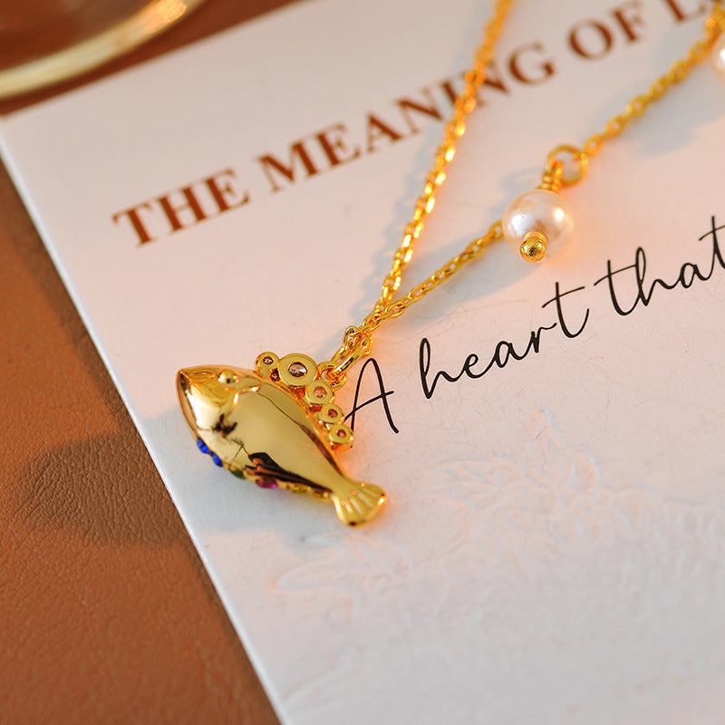 European and American Creative Personality Colorful Inlaid Diamond Cute Fun Little Fish Design Pearl Embellished Simple Elegant Necklace for Women