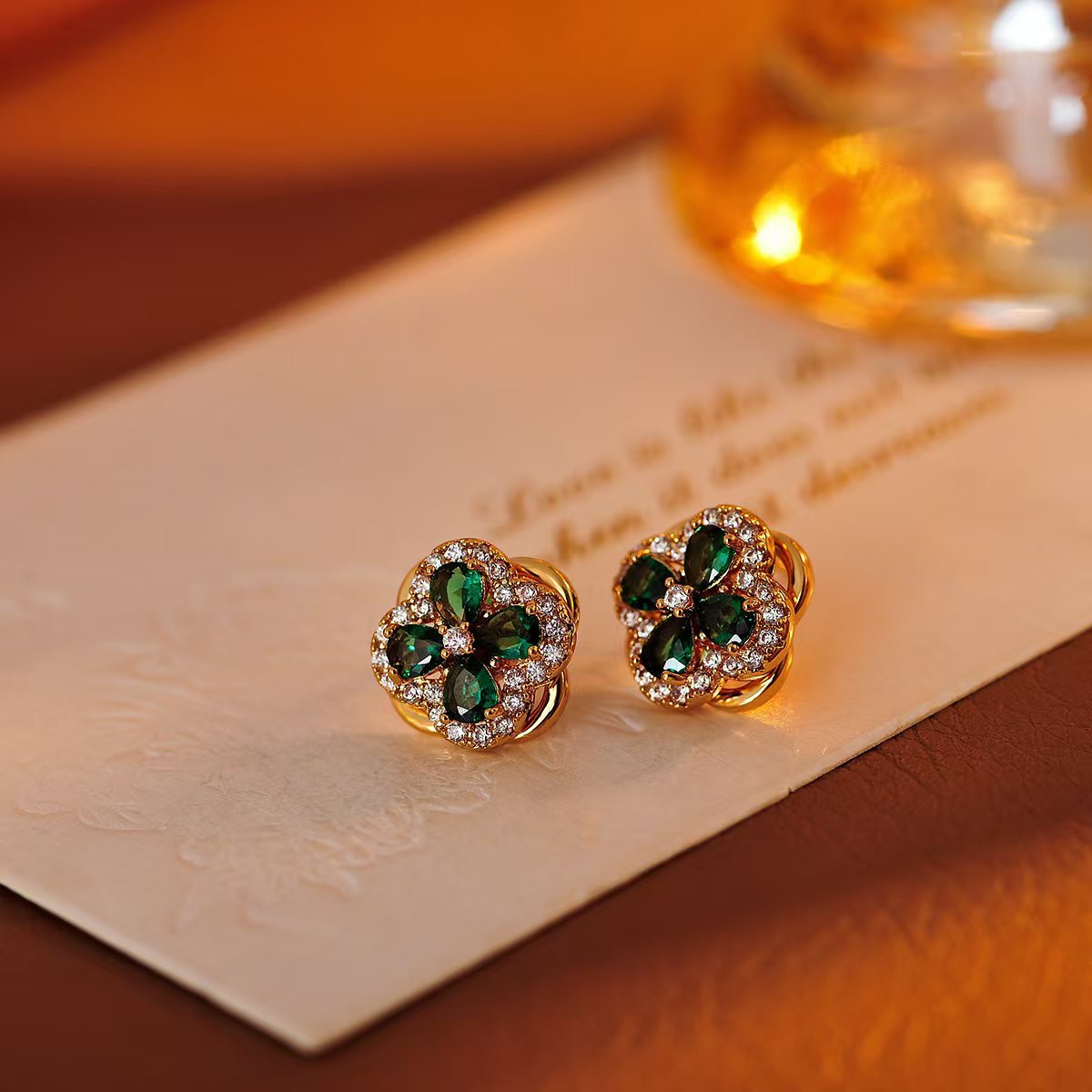 Green Four-Leaf Flower Earrings Necklace Fashionable Versatile 2025 New Earrings Necklace for Women Trendy