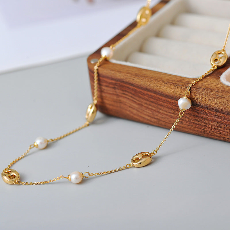 Real Gold Plated Pig Nose Pearl Necklace Fashion Versatile Collarbone Chain Light Luxury High-end Sense Jewelry