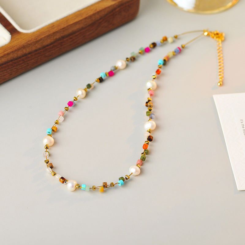 Dopamine Pearl Colorful Beaded Stone Collarbone Necklace Niche High-End Light Luxury Summer Cool Style