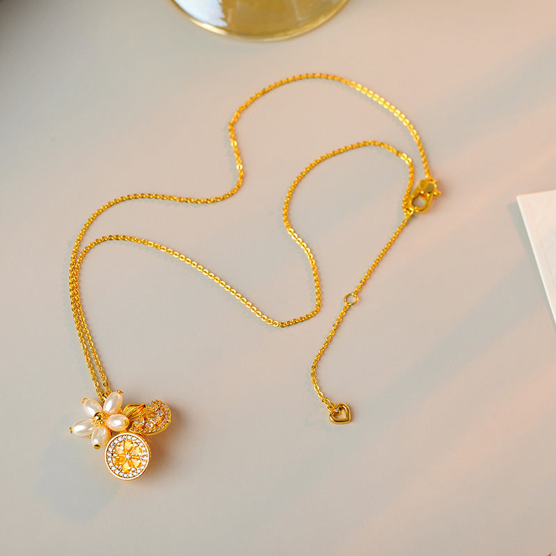 KS Home Lemon Petal Pearl Necklace with Rhinestones and Zircon Inlay Fresh and Elegant Collarbone Chain