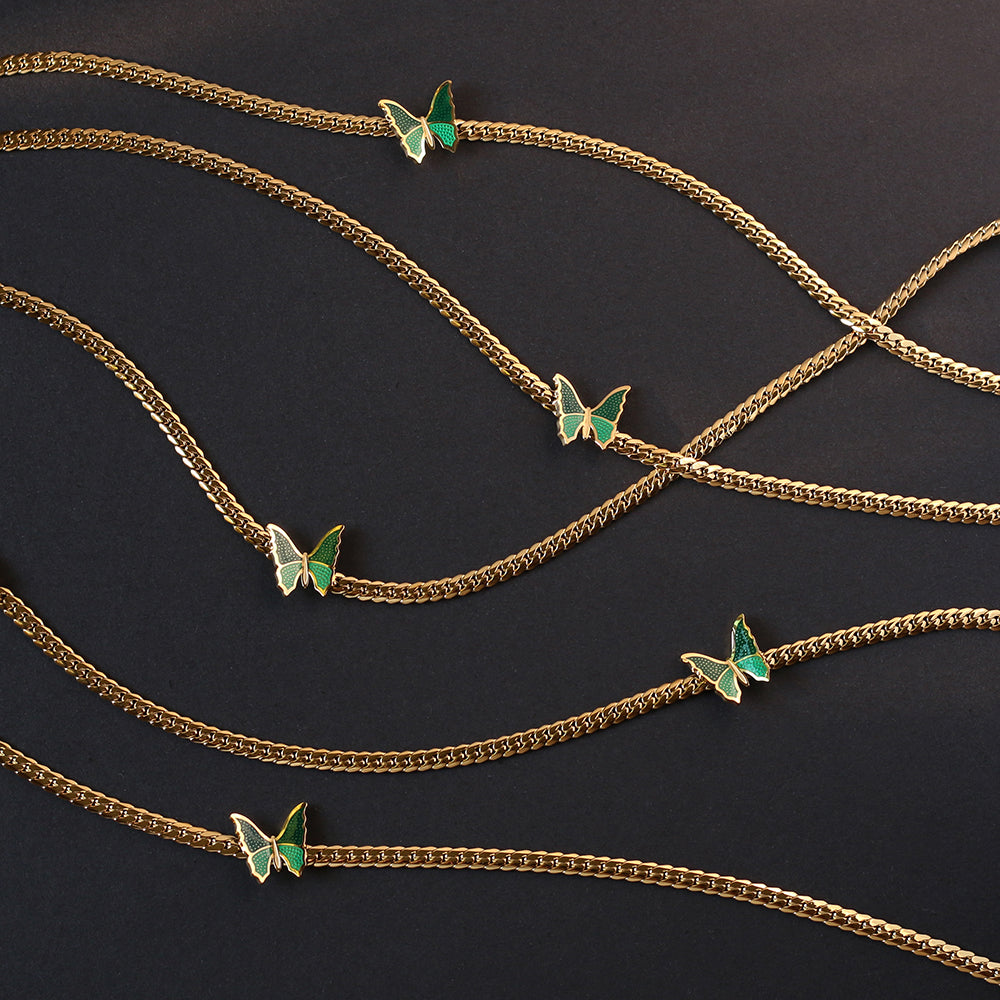 Vintage Style Green Butterfly Choker Necklace Cuban Necklace Collarbone Chain Titanium Steel 18K Gold Plated Non-Fading