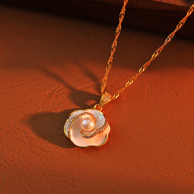 Pearl Rose Flower Necklace for Women, Light Luxury Enamel, High-End Niche Design, Fashionable and Elegant French Collarbone Chain