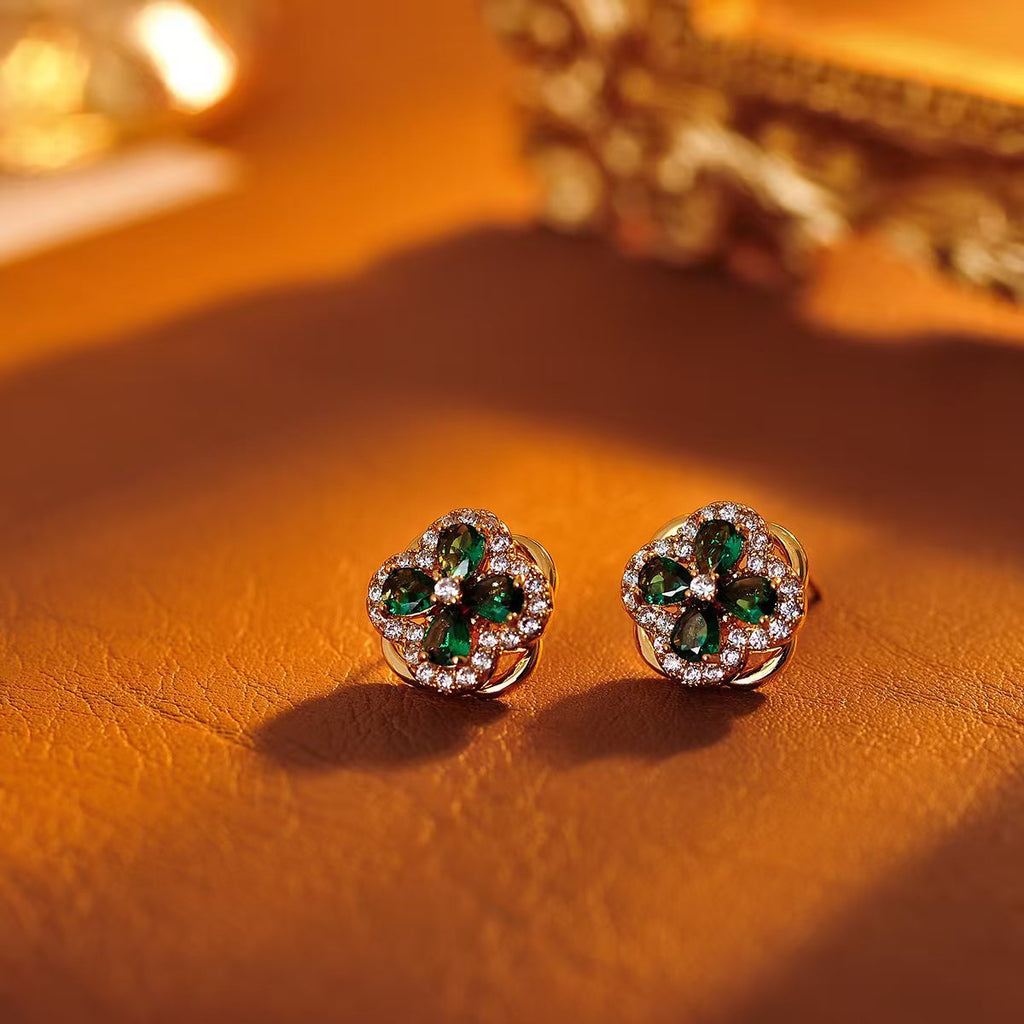 Green Four-Leaf Flower Earrings Necklace Fashionable Versatile 2025 New Earrings Necklace for Women Trendy