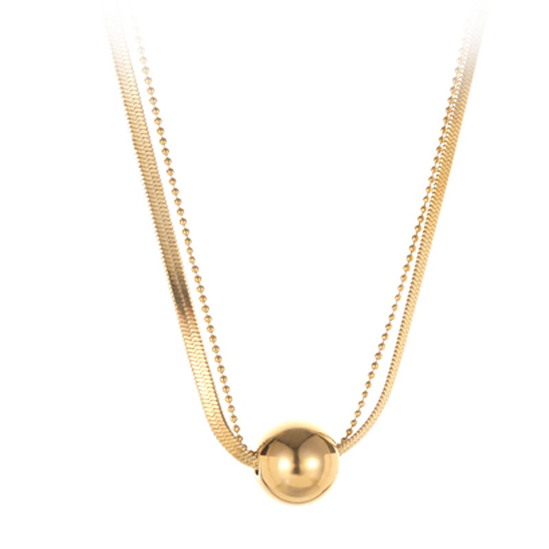 Titanium Steel Gold Round Ball Pendant Snake Bone Necklace for Women Minimalist Style Simple Niche Design Fashion Collarbone Sweater Chain