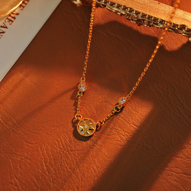 Light Luxury Eight-Pointed Star Necklace for Women, 18K Gold Plated, Niche Design, High-End Feel, White Mother-of-Pearl Lucky Compass Collarbone Chain