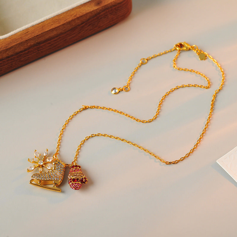 New Fashion Light Luxury Sweet Cute Zircon Inlaid Gloves Ice Skates Flower Niche Women's Necklace