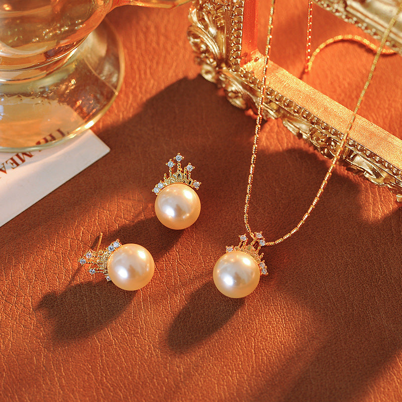 Dream Castle Princess Necklace French Court Style Shijia Pearl Collarbone Chain 18K Gold Plated Pearl Earrings Set for Women