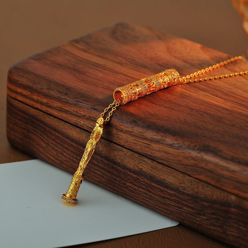 New Chinese Style Ancient Method Hollow Carved Inlaid Cylinder Necklace Eight Styles Portable Gold Buddha Necklace Prayer Wheel for Men and Women Couples