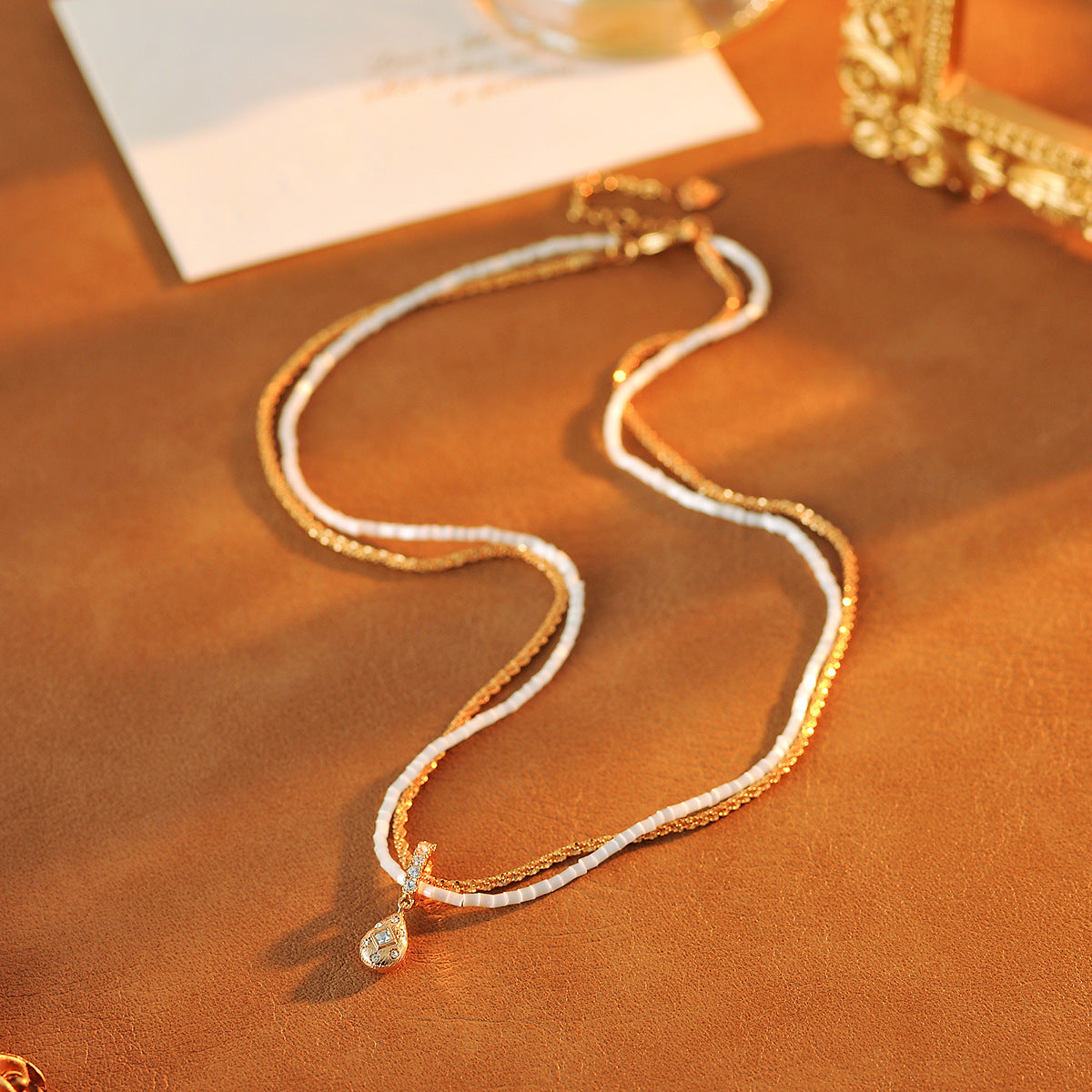 Light Luxury Style Gold-Plated Gentle Fashion Jewelry Water Drop Pendant Double-Layer Necklace High-End Niche Design