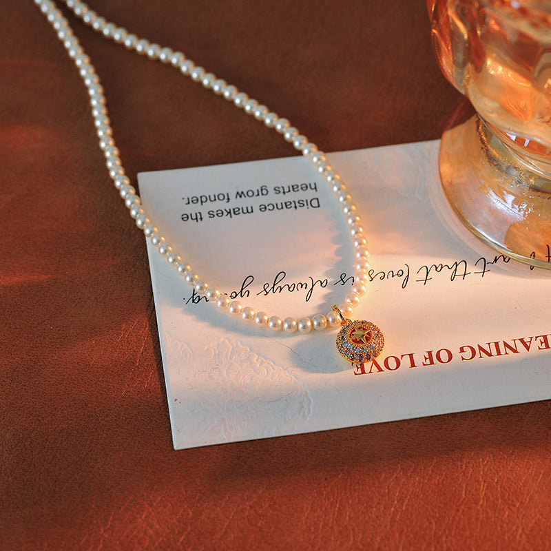 New Year Necklace Light Luxury Elegant Versatile Micro Inlaid Zircon Hollow Eight-Pointed Star Pendant Pearl Necklace for Women