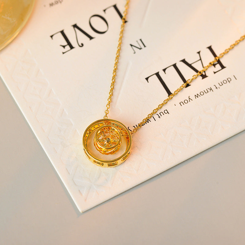 New Copper Plated 18K Gold Necklace Small Zircon Mini Exquisite Vintage Round Pendant Japanese Style Hanging Pendant