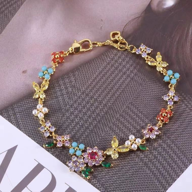 Sweet Romantic Pastoral Colorful Diamond Flower Butterfly Cluster Fresh Girl Temperament Necklace Bracelet Bangle