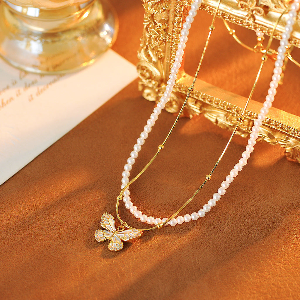 Butterfly Double Layer Necklace Pendant Fashion Versatile Collarbone Chain Light Luxury High-end Sense Elegant Jewelry