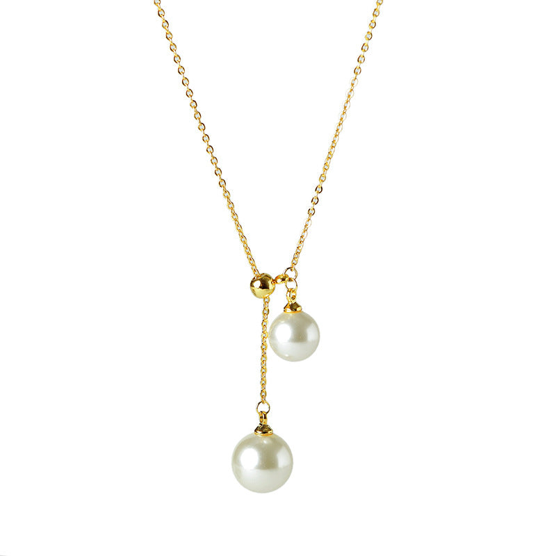 Light Luxury Fashion Design Natural Pearl Collarbone Necklace Strong Light Small Bulb Y-shaped Choker Simple Elegant Women's Ins Trend