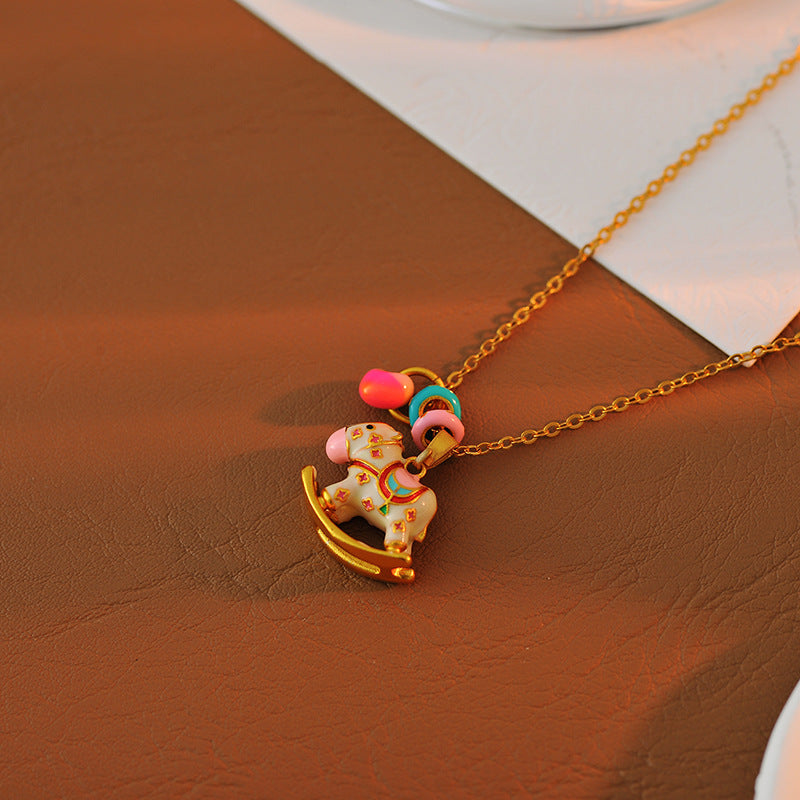 New Chinese Style Carousel Necklace for Women Dopamine Strong Treasure Color All Things Have Joy Collarbone Chain Enamel Oil Paint Necklace