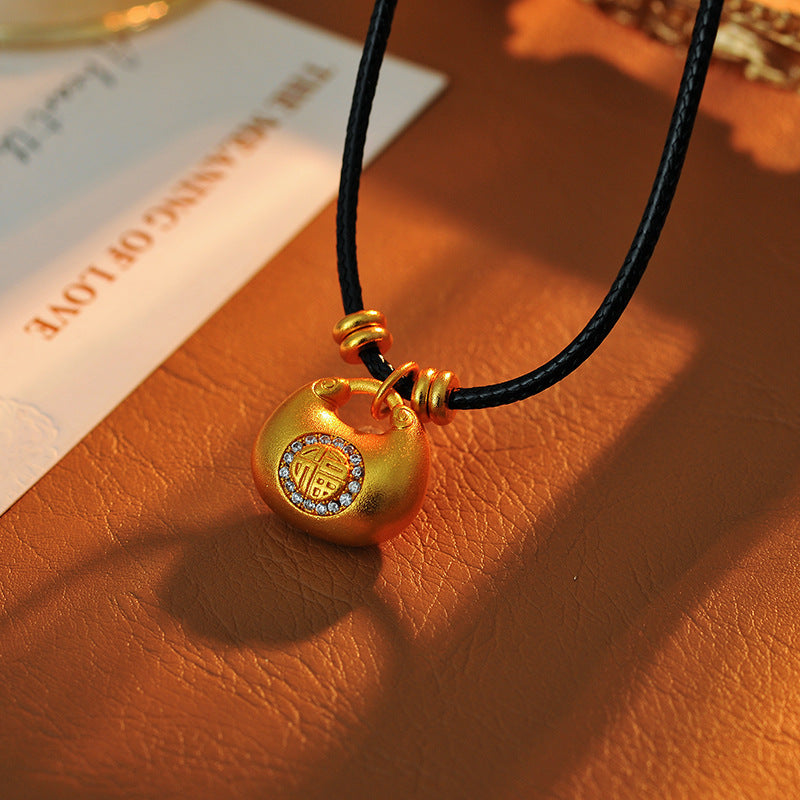 Hot-Selling Versatile Zircon 'Fu' Character Lock Bag Necklace Solid 'Fu' Character Luxurious Black Rope 'Fu' Bag Peace and Joy Sweater Chain for Women