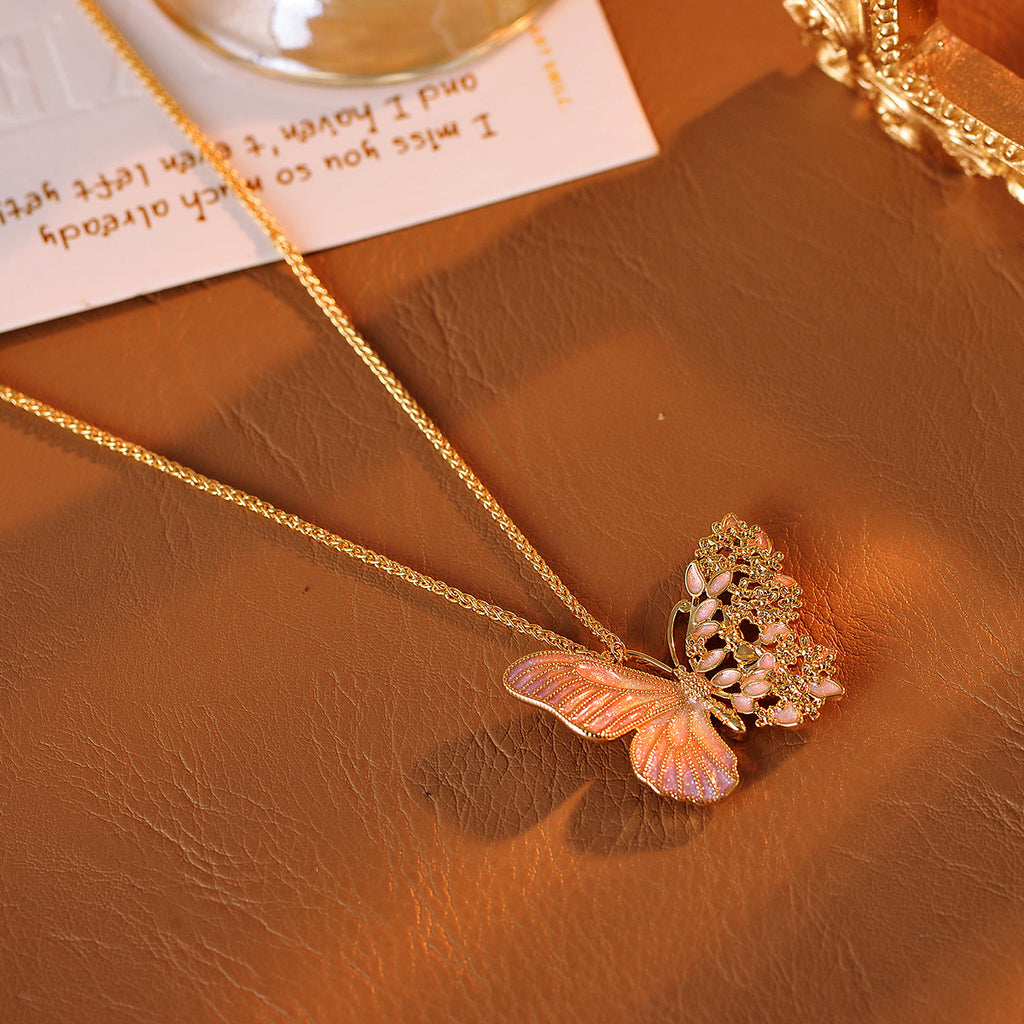Real Gold Plated Light Luxury Osmanthus Half-Sided Butterfly Pendant New Chinese Style Dreamy Blossom Butterfly Necklace