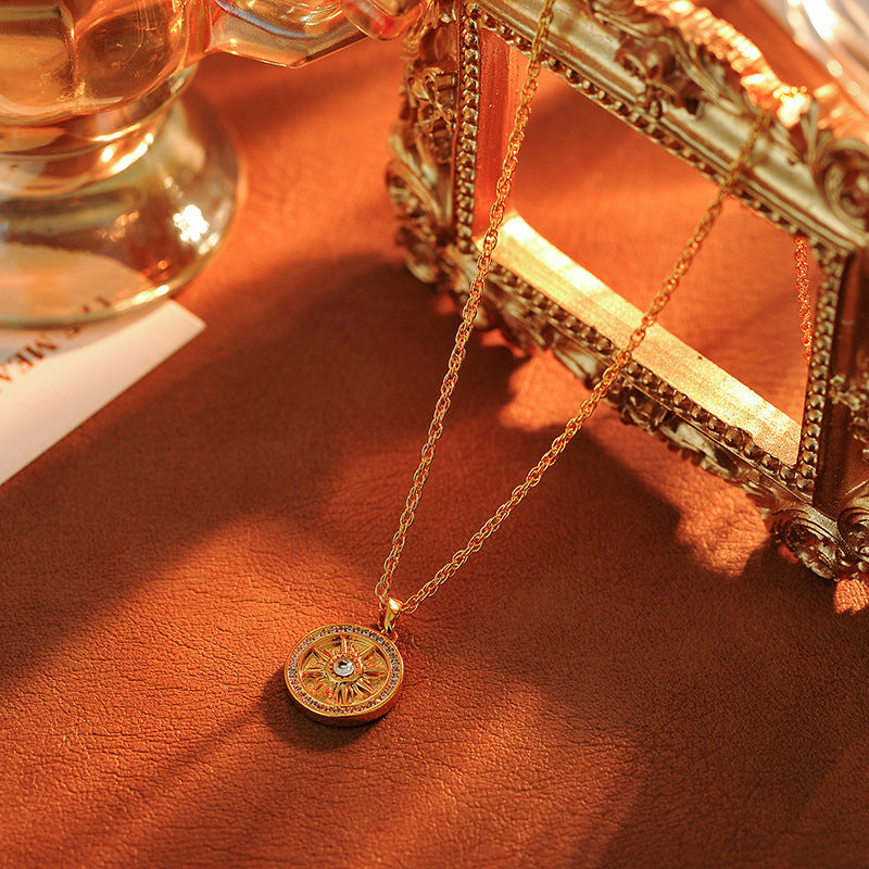 Traditional Inlaid Diamond Round Sunflower Gold-Plated Necklace for Women, New Autumn Winter Sweater Chain, Light Luxury High-End Feel