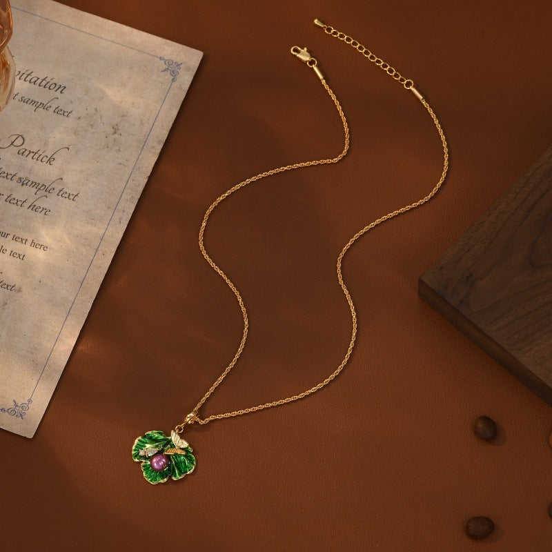 Real Gold Plated New Chinese Style Elegant Collarbone Chain for Women High-end Enamel Oil Drop Lotus Leaf Butterfly Pearl Necklace