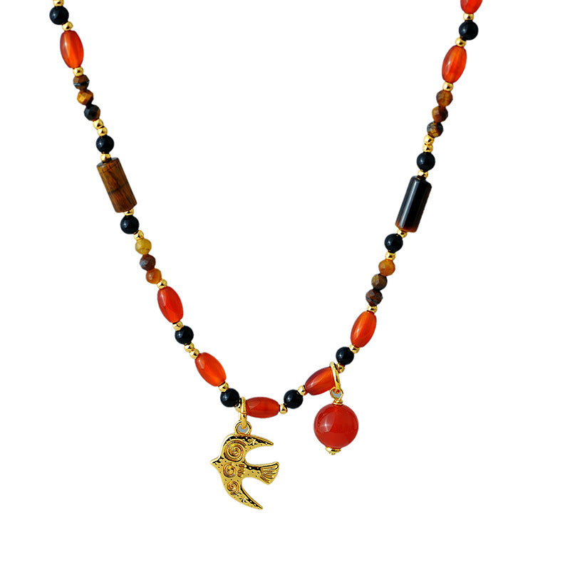 Wu Xin Same Style Red Agate Fire Bird Beaded Necklace for Women Clavicle Chain Dopamine French Retro Niche Design