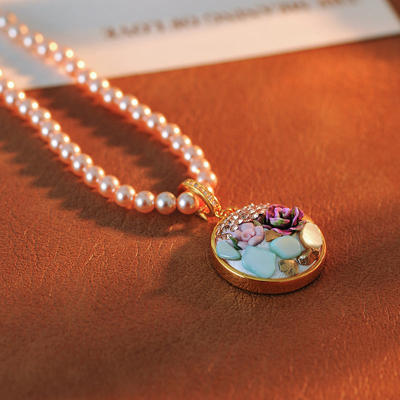 Oil Painting Style Pearl Necklace for Women New Chinese Style National Style Flower Artistic Retro 2025 New Niche Design Clavicle Chain