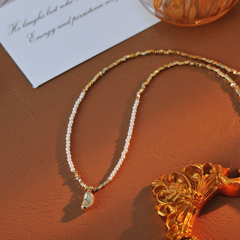 Korean Style Rice Grain Freshwater Pearl Pendant Necklace for Women, Unique and Elegant Super Fairy Acacia Bean Choker