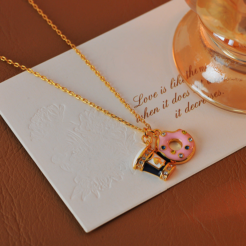 European and American Sweet Style Asymmetric Enamel Glaze Donut Coffee Cup Necklace Pendant High-end Necklace