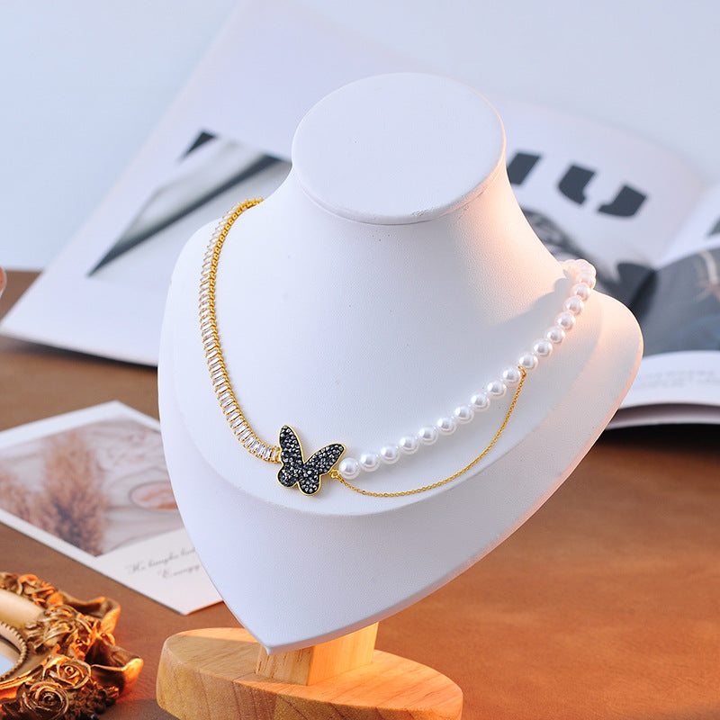 High Version Real Gold Plating Perfect Round Imitation Shijia Pearl Beaded Necklace Copper Inlaid Zircon Butterfly Hollow Necklace