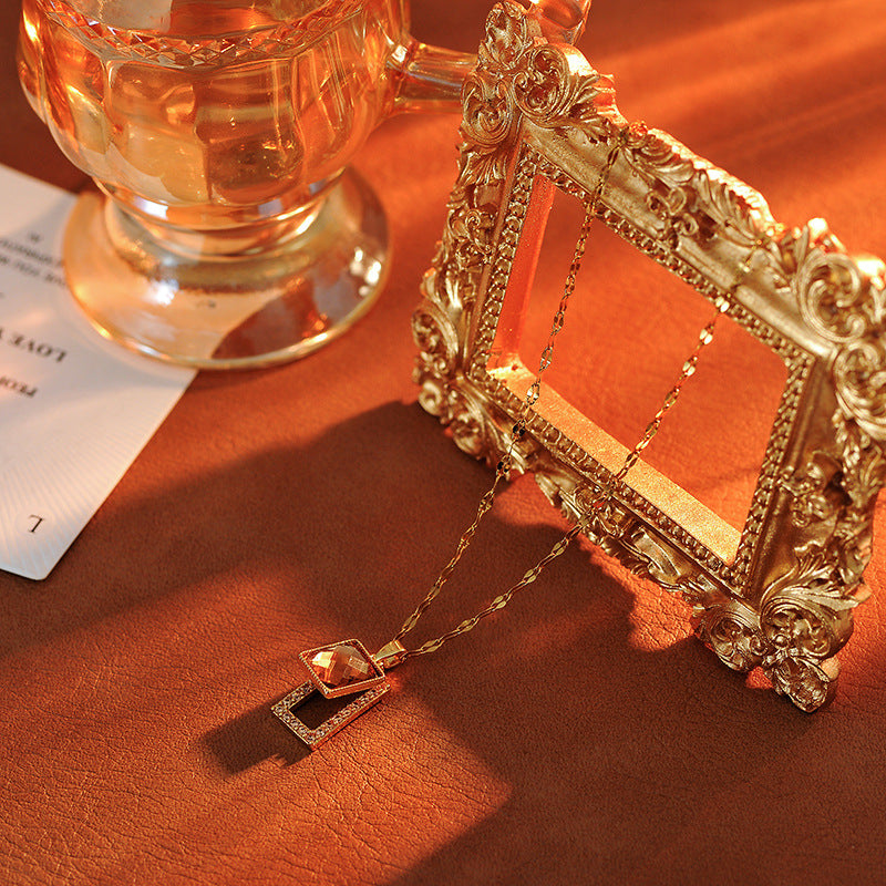 Fashion Melad Diamond-Encrusted Coffee Crystal Necklace for Women, Internet Celebrity Hot Item, Elegant Light Luxury Sweater Chain with Rectangular Pendant