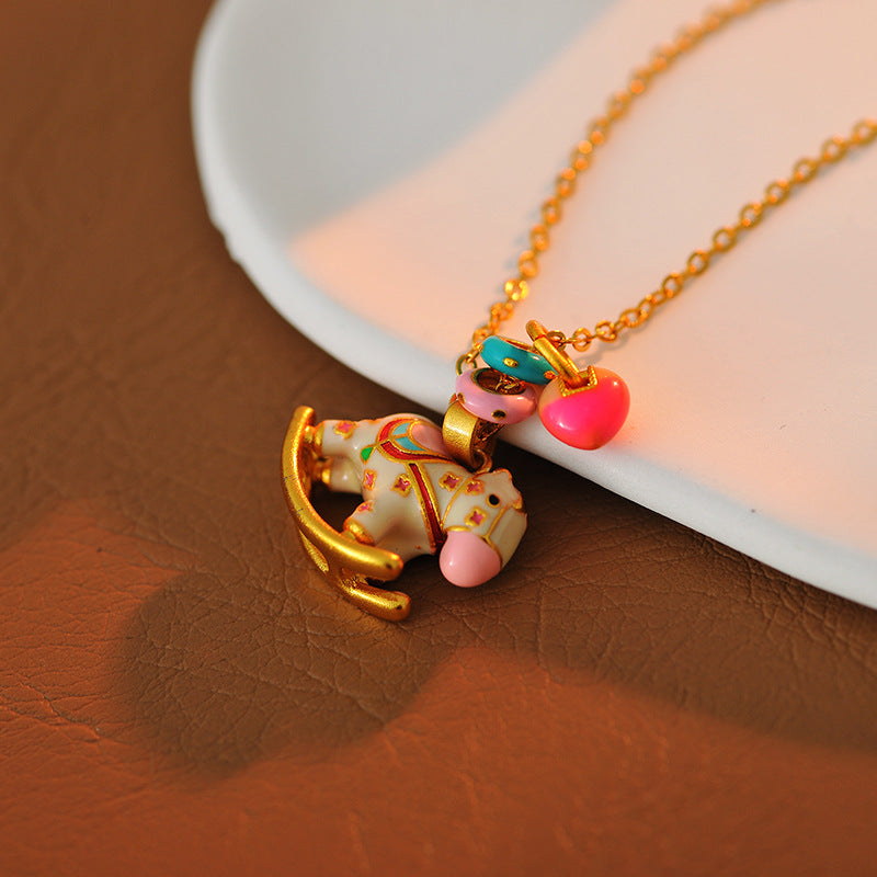 New Chinese Style Carousel Necklace for Women Dopamine Strong Treasure Color All Things Have Joy Collarbone Chain Enamel Oil Paint Necklace